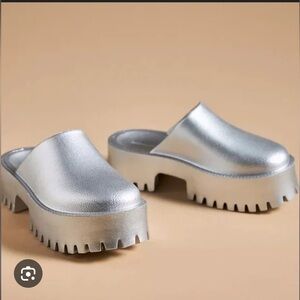 Anthropologie Silver Platform Clog Mules